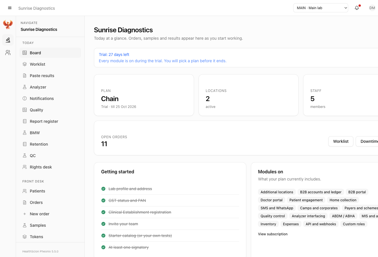 Sunrise Diagnostics lab board: chain desk, open orders, locations