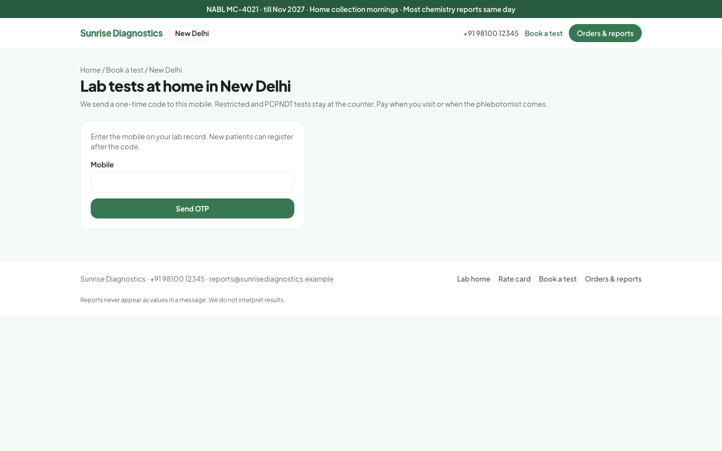 Public booking page asking for a mobile number and sending OTP