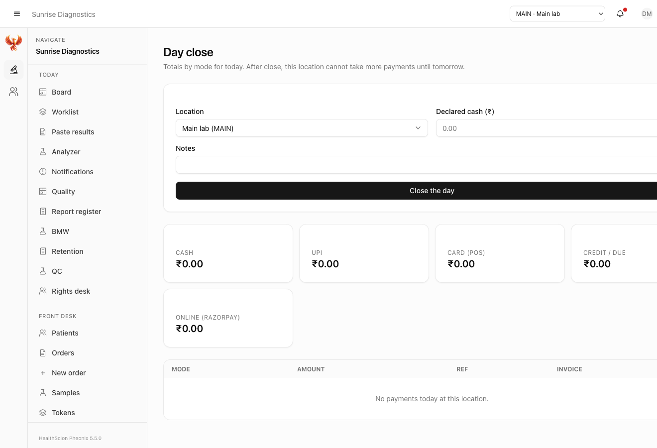 Day close: cash, UPI, card, credit totals for the location