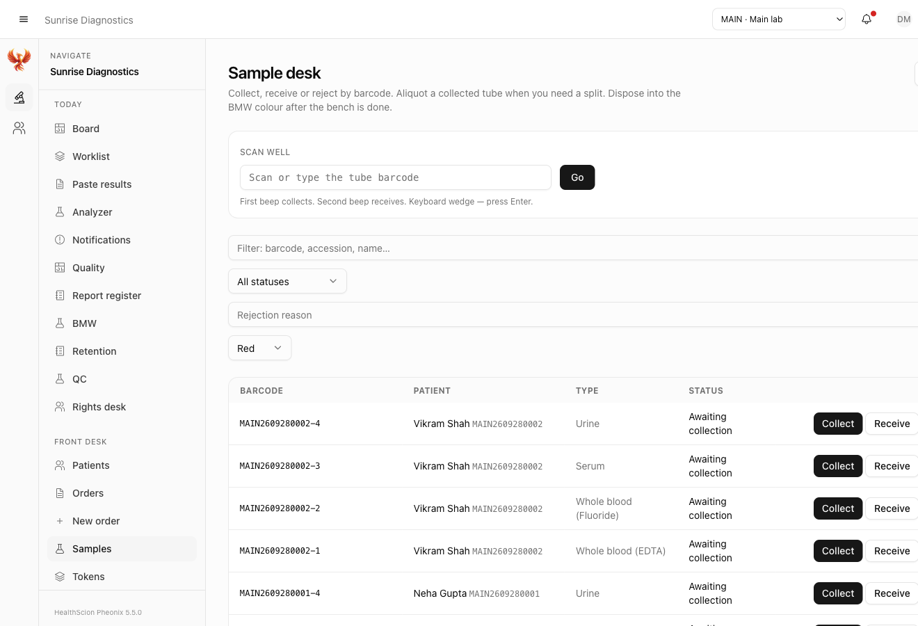 Sample desk with barcode scan well and collect, receive, reject actions